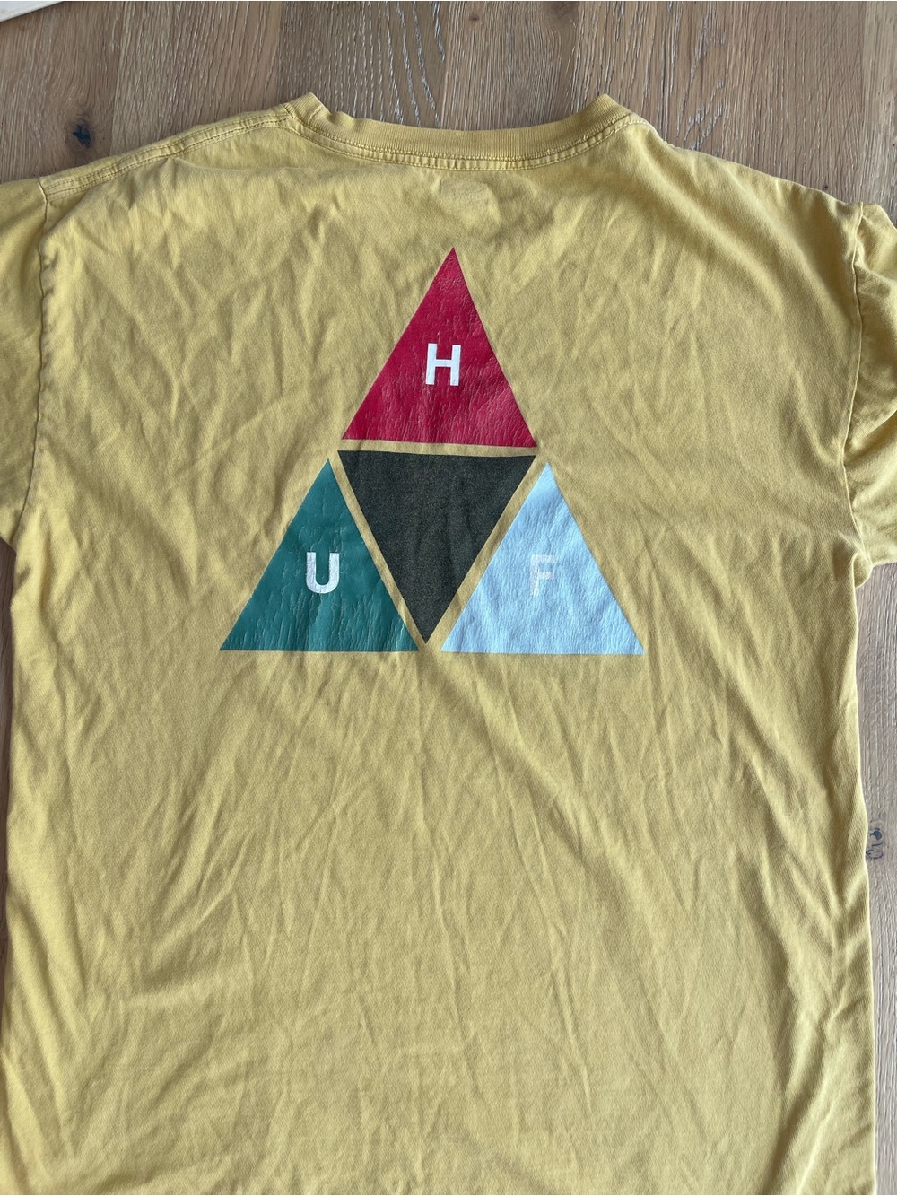 HUF Yellow Short Sleeve Tee with Red, Teal, Black & Light Blue Triangle Logo